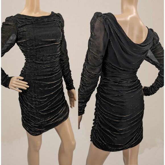Vintage 80s Ruched Black Gold Metallic Mini Dress Long Sleeve Sheath Size 7 8 - Picture 3 of 12